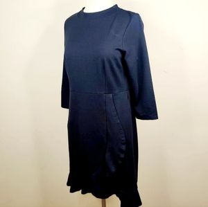 J Jill Ponte Knit Medium Navy Blue MIDI Stretch Ruffle Dress.